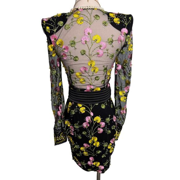 Zhivago In The Garden Floral Mesh Wrap Mini Dress black pink yellow size US 2 - Picture 9 of 15